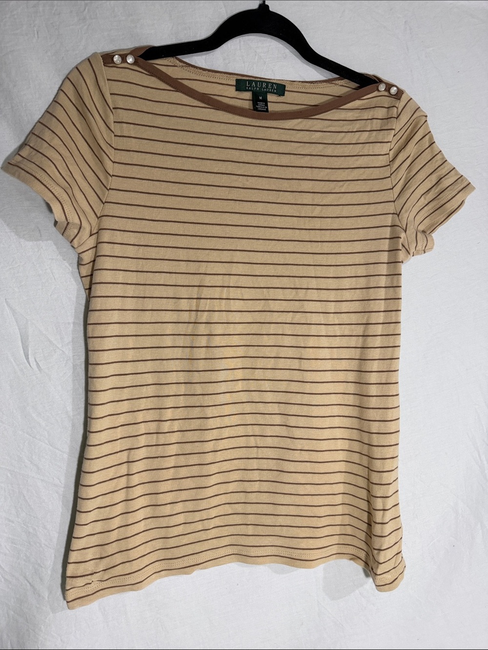 Ralph Lauren Tan and Brown Striped Short-Sleeve Boatneck Top